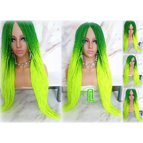 Green Florescent  Ombre Senegalese Twist Braid Wig Glow in The Dark Braids Neon - Picture 3 of 9